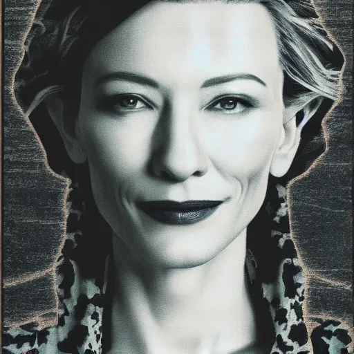 Image similar to portrait of cate blanchett ,japanese wood print