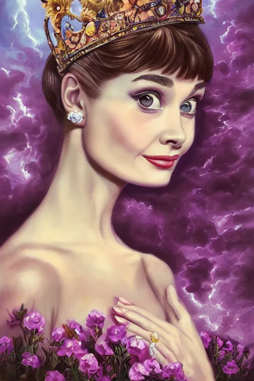 Image similar to closeup portrait fine art photo of the beauty audrey hepburn, perfect eyes, she has a crown of stunning flowers and dress of purple and gold satin and gemstones, background full of stormy clouds, by peter mohrbacher