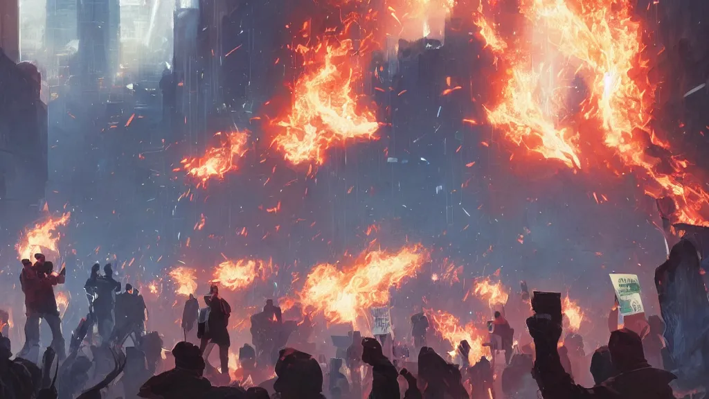 Prompt: protesters holding placards, abstract digital illustration by greg rutkowski, fire, android netrunner, nighttime