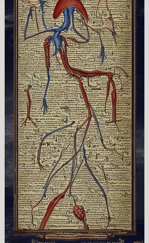 Prompt: educational wall scroll of alien anatomy, medieval scripture