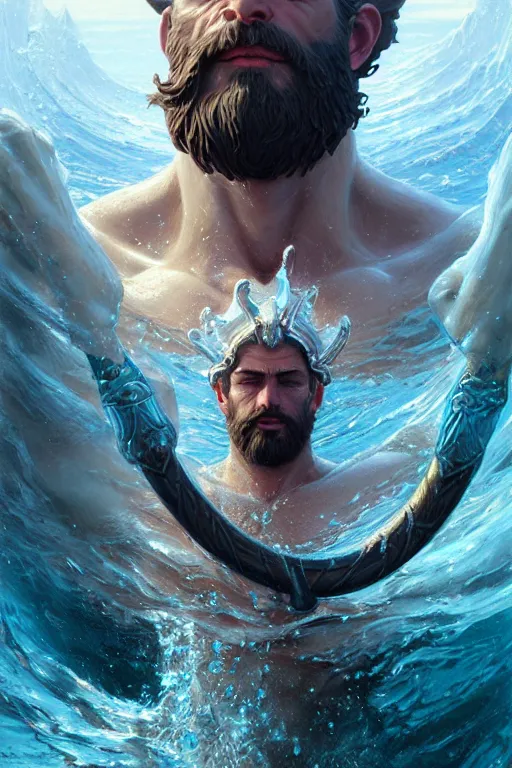 Prompt: highly detailed close up portrait of god poseidon holding trident, stephen bliss, unreal engine, fantasy art by greg rutkowski, rhads, ferdinand knab, makoto shinkai and lois van baarle, ilya kuvshinov, rossdraws, tom bagshaw, global illumination, radiant light, detailed and intricate environment