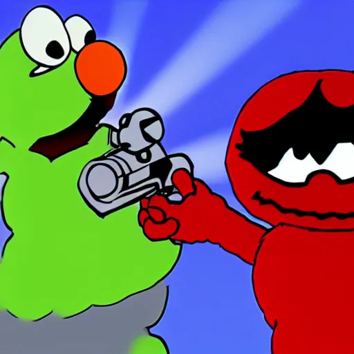 Image similar to sans from undertale fighting elmo, elmo holds a gun