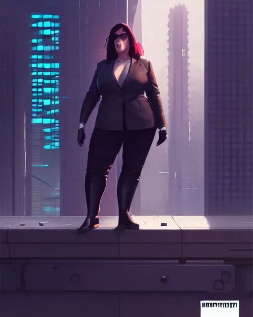 Prompt: cyberpunk corporate woman, overweight, comics page | | realistic shaded, fine details, realistic shaded lighting poster by greg rutkowski, diego gisbert llorens, magali villeneuve, artgerm, jeremy lipkin and rob rey