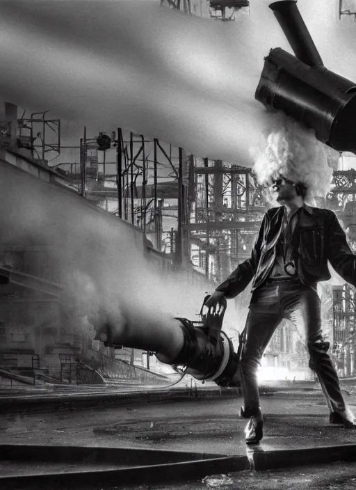 Image similar to an award winning photo of a 1980s punk holding up a huge industrial cog while being blasted with steam, photorealistic, background is abandoned power plant