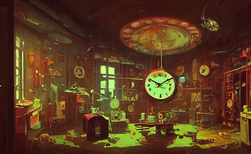 Prompt: Inside an old clock store by Petros Afshar and Beeple, James Gilleard, Mark Ryden, Wolfgang Lettl highly detailed