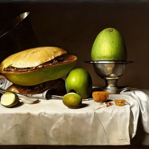 Prompt: still life by willem claesz heda, avocados, bread, linen, a fly, silver, leftover meat pie, overturned chalice, surreal goblets,