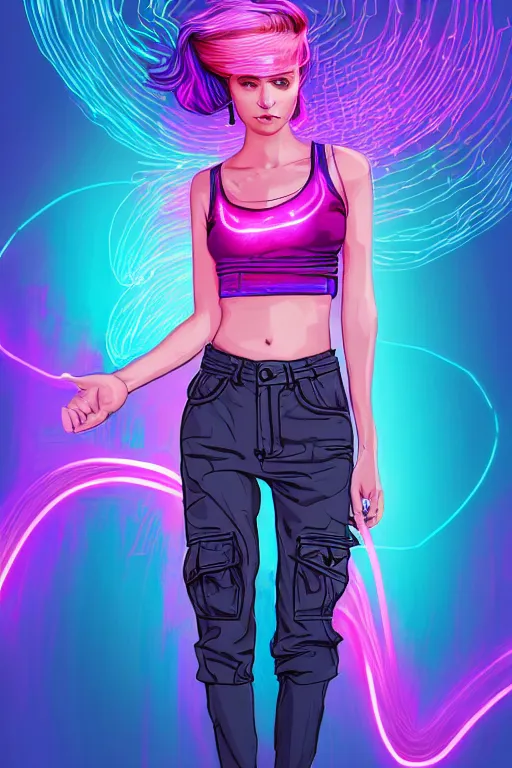 Image similar to a award winning half body portrait of a beautiful woman in a croptop and cargo pants with ombre purple pink teal hairstyle and hands in pockets by ari liloan, surrounded by whirling illuminated lines, outrun, vaporware, shaded flat illustration, digital art, trending on artstation, highly detailed, fine detail, intricate