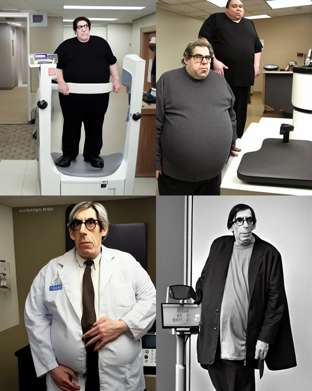 Prompt: mordbidly obese richard belzer standing on a weighing scale, extremely fat, doctors office