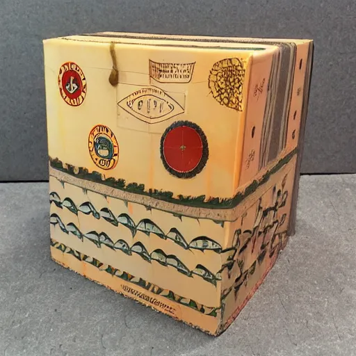 Image similar to vintage craft paper gift box for men, old school, wes anderson style, sealed with old wax