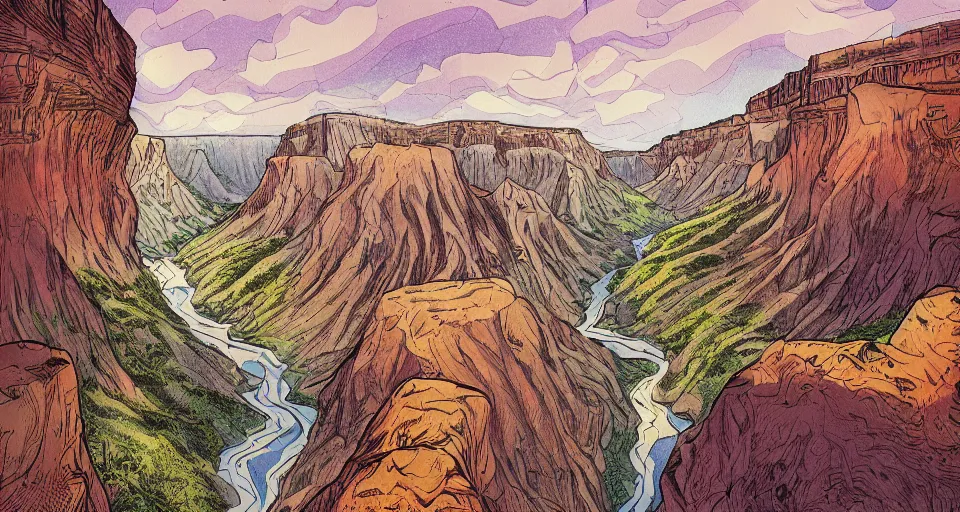 Image similar to a drawing of a canyon, an album cover by alson s. clark, tumblr contest winner, underground comix, concert poster, official art, poster art