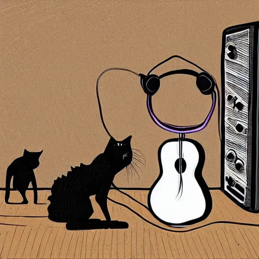 Image similar to skeleton wearing headphones watching girl playing guitar with her black cat standing next to her, digital art