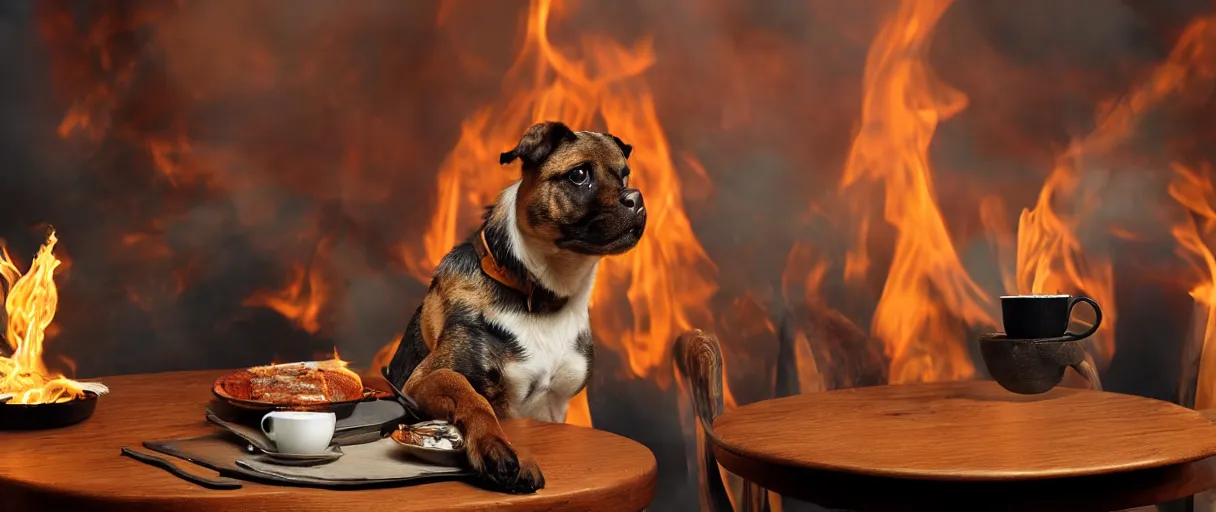 Prompt: a photograph (flash on) of a single anthropomorphic dog sitting on a chair at a dinner table (no fire at all there), very relaxed, surrounded by flames, cup of coffee on the table, huge fire on this dining room in the background, a lot of flames behind the dog, black smoke instead of the ceiling, no watermark