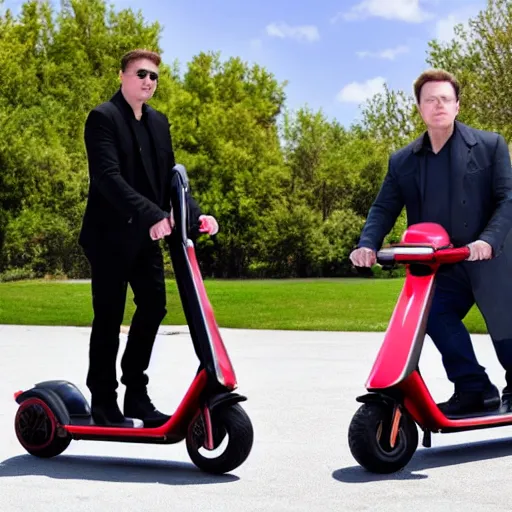 Prompt: elon muskie musk on an e - scooter