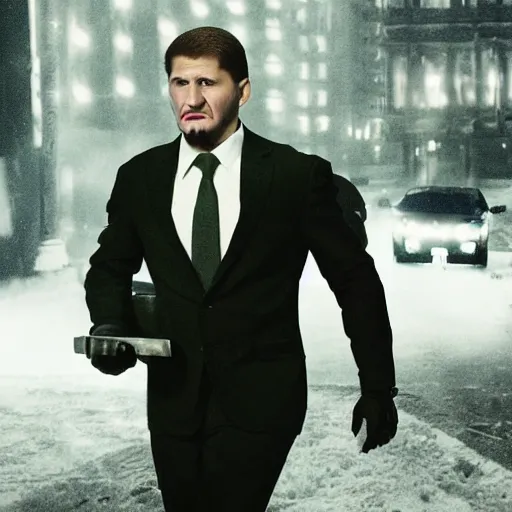 Image similar to Ramzan Kadyrov as The American Psycho, cinematic still