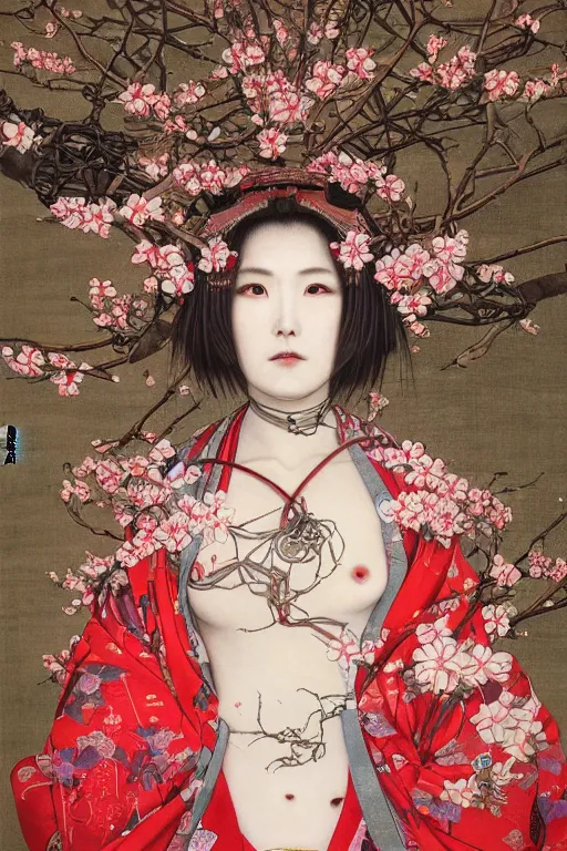 Prompt: beautiful oil painting of a cyborg shrine maiden wearing kimono by chie yoshii, full body portrait, sakura forest, wires and gears, symmetrical face, dramatic lighting