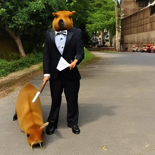 Prompt: an antropomorphic capybara wearing a suit smoking a cigar