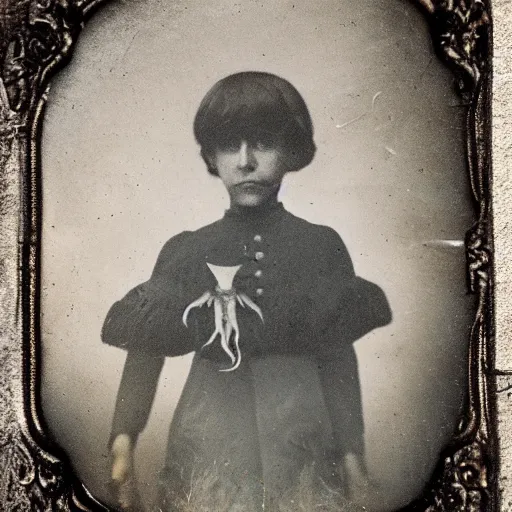 Image similar to tintype photo of a creepy girl holding a squid with a burning barn in the background