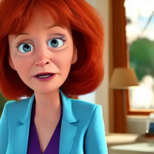 Image similar to in this new still from pixar movie the president a seemingly deranged red headed woman stares at the camera 4k