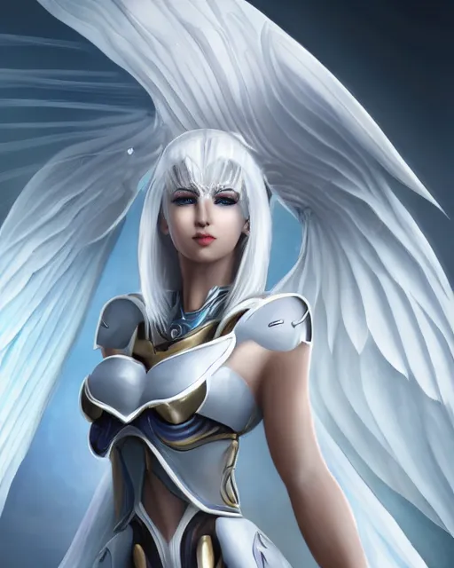 Image similar to perfect white haired attractive egyptian goddess with huge white dove wings, warframe armor, beautiful, symmetric, dreamy, half asian, pretty face, blue eyes, detailed, scifi platform, laboratory, experiment, 4 k, ultra realistic, epic lighting, android body, illuminated, cinematic, masterpiece, art by akihito tsukushi, voidstar