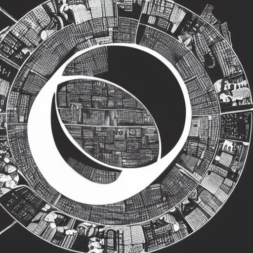 Image similar to a faint yin - yang daoist symbol superimposed on the futuristic cityscape in a utopian well - organized society, black and white multiscale