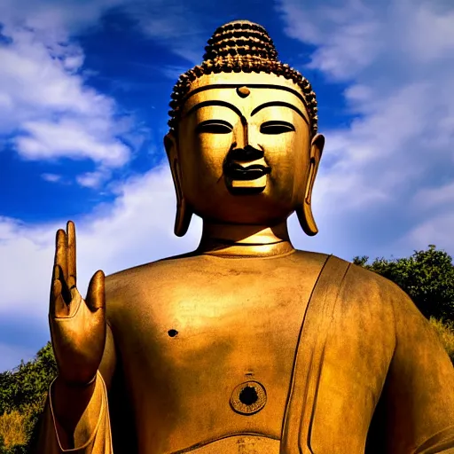 Image similar to a man doing a flip off of a giant Buddha statue, blue sky, cloudy background, photograph, realistic