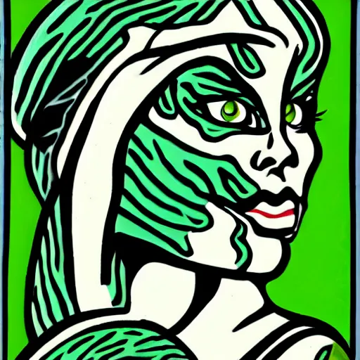 Prompt: a green eyed woman with serpent skin in the style of roy lichtenstein
