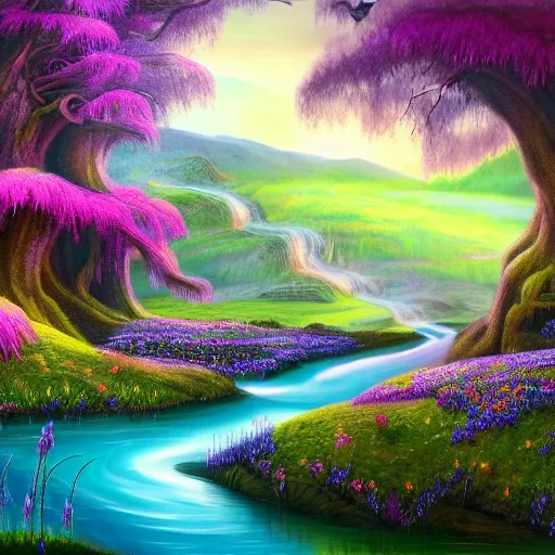 Prompt: fantasy landscape with luminescent indigo, purple, and cyan trees with tangled roots, and meadow filled with flowers, lake with terraced waterfalls detailed airbrushed painting 4 k