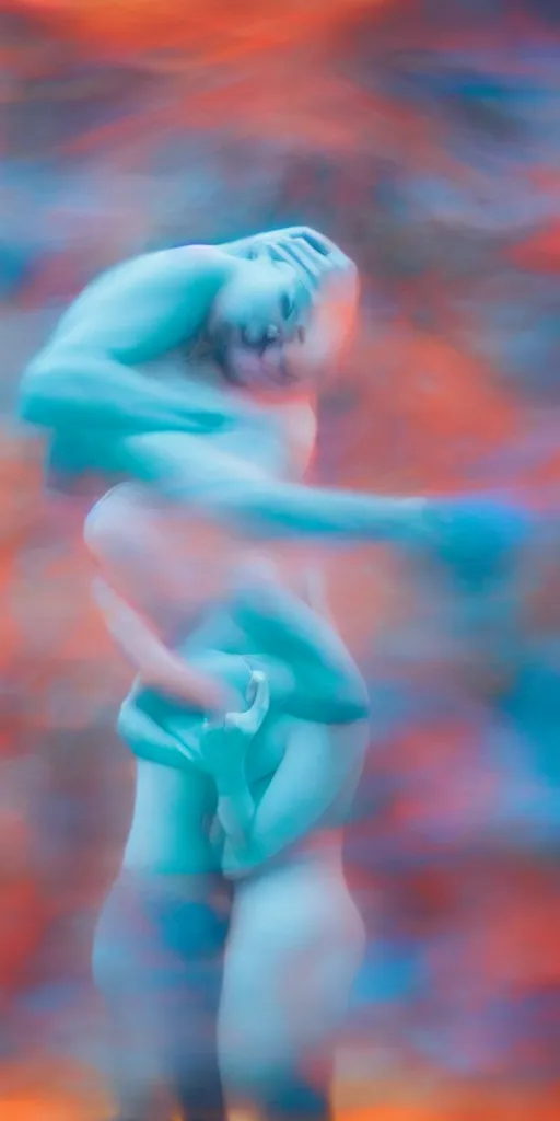 Prompt: a blurry closeup picture of abstract gorgeous human bodies struggling in a loving embrace, long exposure photograph, surrealism, anamorphic bokeh, orange and cyan lighting, cinematic