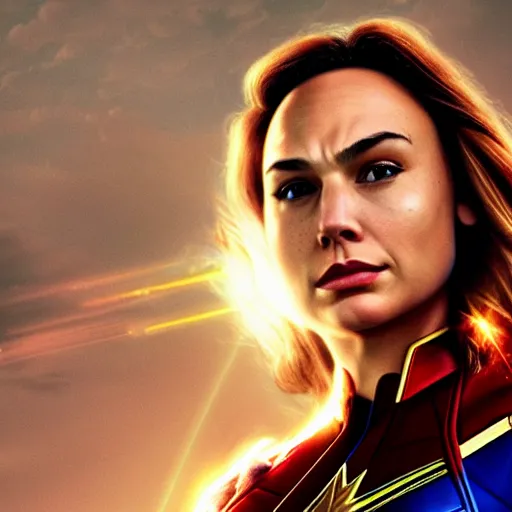 Image similar to a potrait of gal gadot as Captain Marvel by Zack Snyder, Christopher Nolan, 8k photorealistic, cinematic lighting, HD, high details, dramatic, trending on artstation, view from below, dark atmosphere,