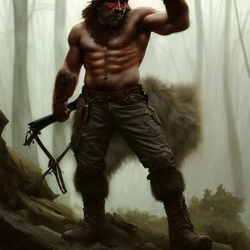 Prompt: Rugged ranger, bleeding, masculine, furs, tanned leather, forest, man, D&D, muscular thighs, fantasy, intricate, elegant, highly detailed, digital painting, artstation, concept art, smooth, sharp focus, illustration, art by artgerm and greg rutkowski and alphonse mucha