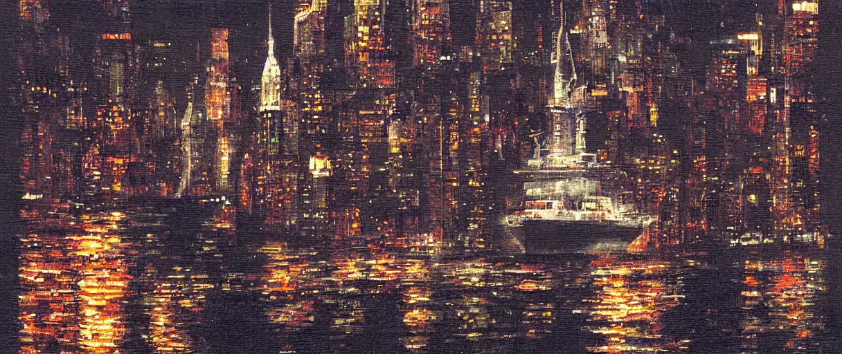 Image similar to carrier ship sailing on flooded miniature new york city at night, raining, art by yoshitaka amano, and artgerm, pixel art