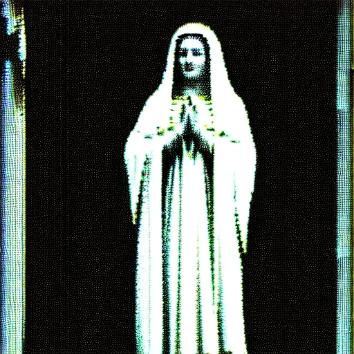 Image similar to vhs static overlay of marian apparition, vhs, 1 9 9 0, highly realistic, highly detailed, vhs noise static, black and white, vhs glitch