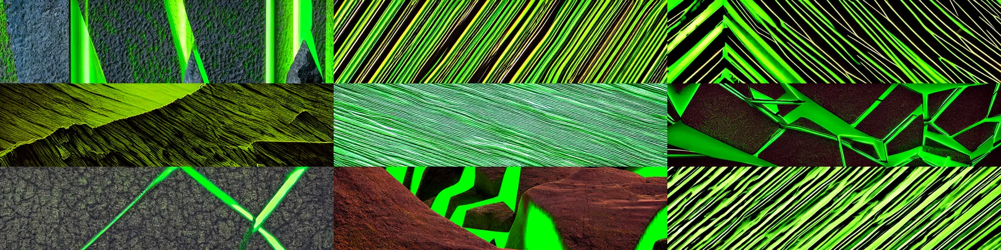 Prompt: glowing green lines, jagged edges, sharp lines, contrast, rocks, stylistic, glowing, straight lines