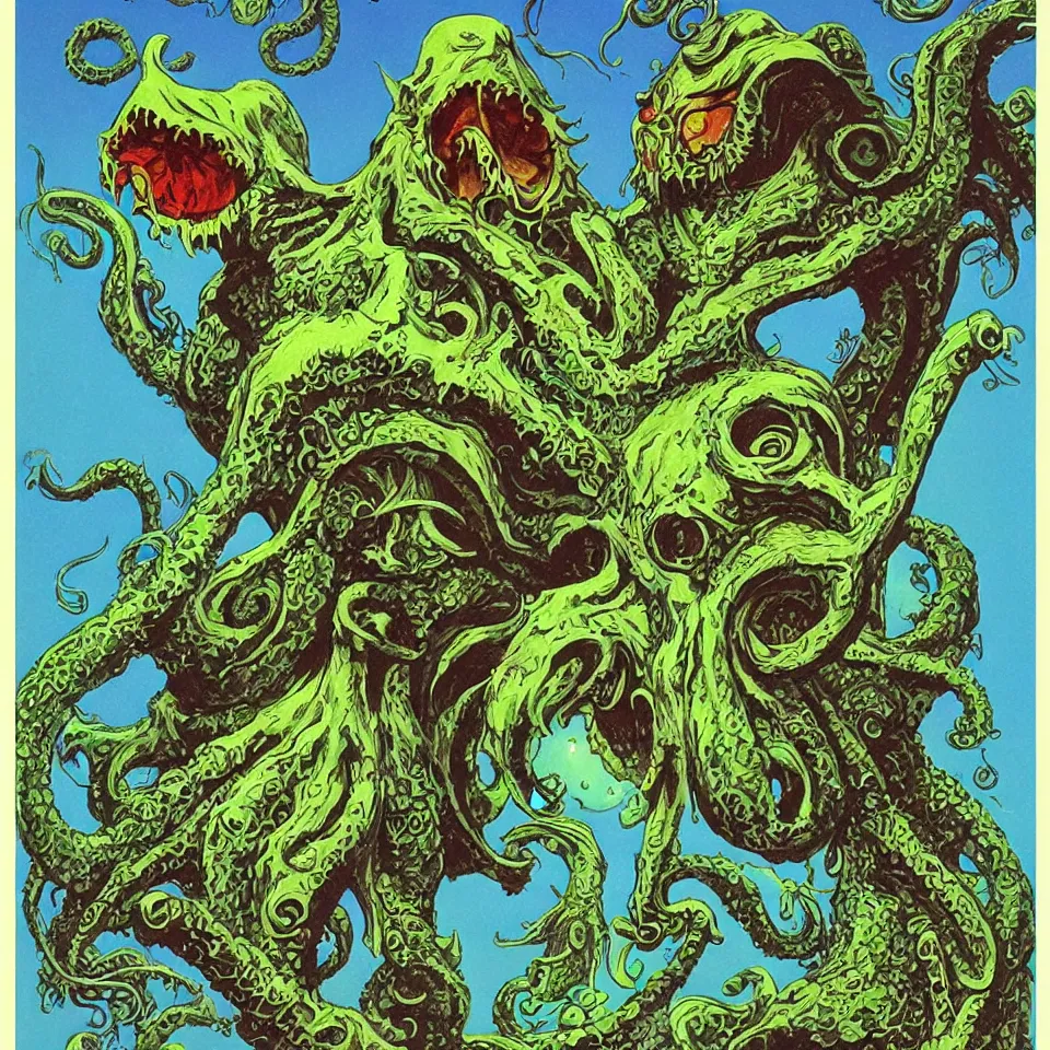 Prompt: art by roger dean. cute cthulhu icon avatar with a million eyes