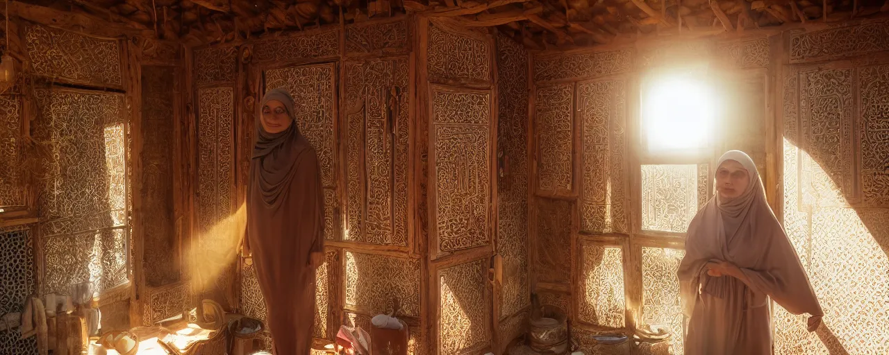 Prompt: A photograph of an arabic woman in a wooden shack, god rays, golden hour, flower vase