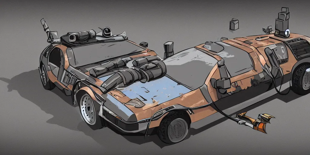 Prompt: a rusty delorean in the style of madd maxx with attached weapons