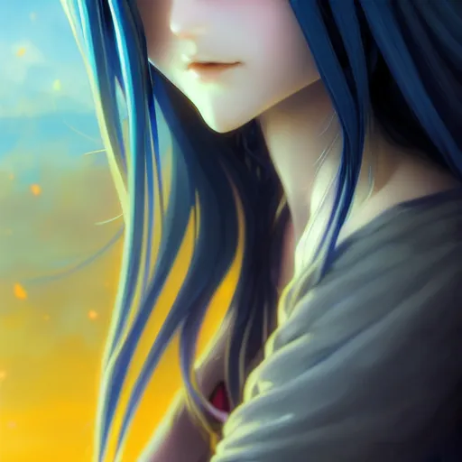 Image similar to attractive long blue - haired girl with bangs gothic anime character with gold eye color, fantasy, screenshot, anime, sharp focus, intricate, illustration, cell shaded, oil painting, highly detailed, concept art, matte, art by ilya kuvshinov and kyoto animation and wlop, and greg rutkowski, studio quality, james jean, artem demura