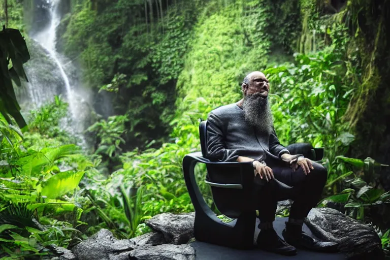 Prompt: movie closeup young man with a grey beard in a cyberpunk suit sitting on a futuristic chair at the edge of a jungle waterfall 8 5 mm by emmanuel lubezki