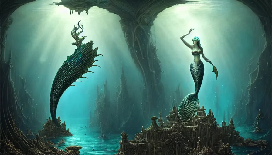 Image similar to a graceful mermaid looking at the sunken city of Atlantis under water, rays of sunlight, stunning undersea intricate detailed grand architecture in the style of Joe Fenton, art style by Greg Rutkowski and Mohrbacher, deep underwater scene, dark and moody, faint volumetric god rays, grim crushing atmosphere, trending on artstation, masterpiece, claustrophobic, sea floor is rocky and full of colorful corals