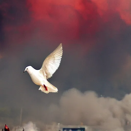 Prompt: photograph of a white dove flying through a warzone smoke bombs explosions in background