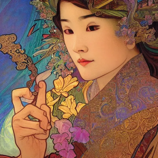 Image similar to A vietnamese scribe, by Alphonso Mucha, Josephine Wall, Vignette, Bloom, All Dimension, Surface Detail, 4k