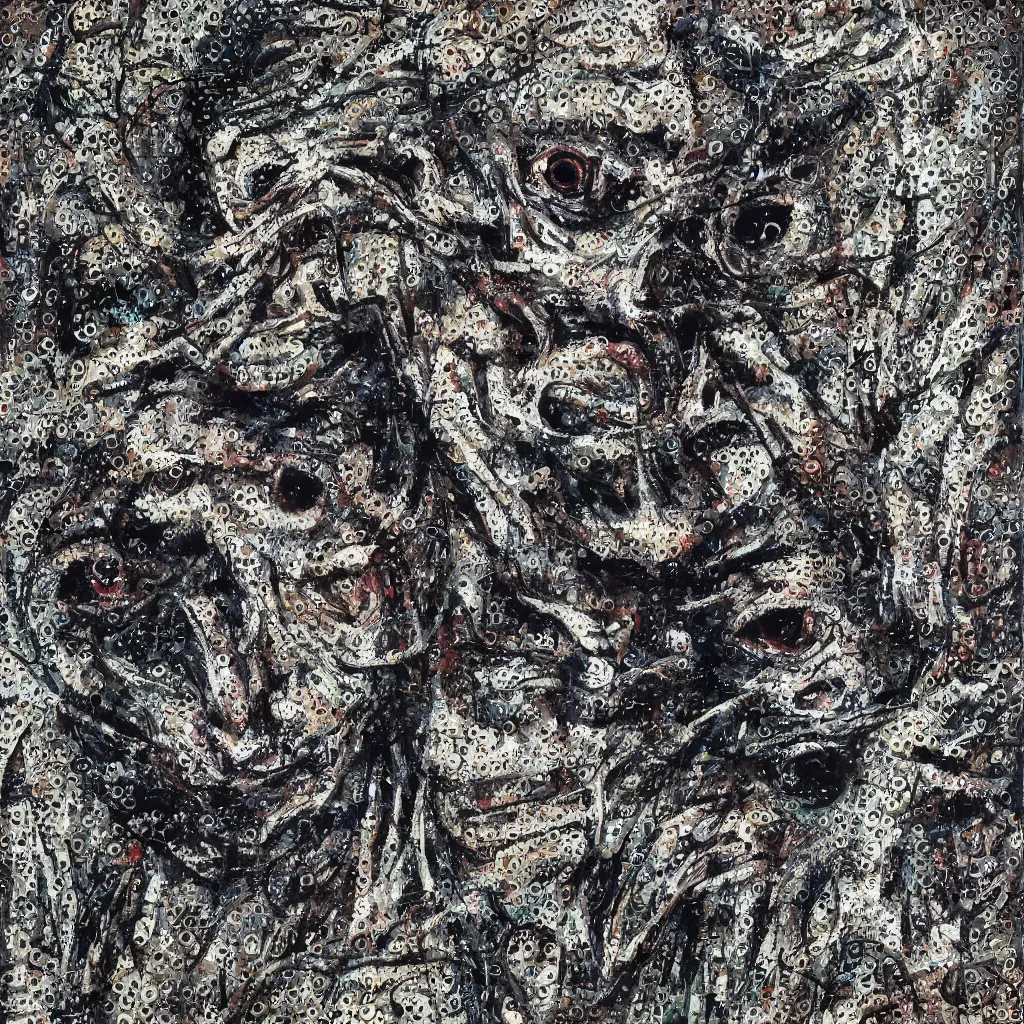 Image similar to camo made of eyes, technical, acrylic, teeth, eerie, tribal, clay, dotting, lines, stipple, points, cybernetic, style of old painting, francis bacon art, rei kawakubo art, hypnosis, eerie, terror, oil, neon, black and white background, splotches, colorful dots, ominous, terror, teeth, smiles