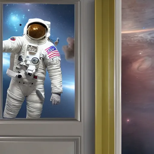 Prompt: photo - realistic astronaut opening door in space, epic composition