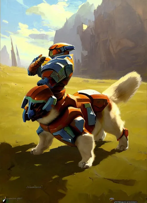 Image similar to Greg Manchess painting of a Corgi from Metroid Prime wearing Forerunner Armor from Halo, countryside, calm, fantasy character portrait, dynamic pose, above view, sunny day, thunder clouds in the sky, artwork by Jeremy Lipkin and Giuseppe Dangelico Pino and Michael Garmash and Rob Rey, very coherent asymmetrical artwork, sharp edges, perfect face, simple form, 100mm