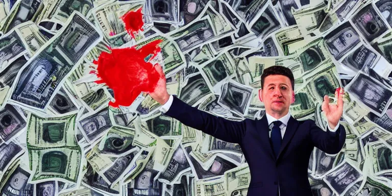 Image similar to President Zelensky sits in bags of money with his hands up to his elbows covered in blood photo manipulation, high quality photo, 85mm,