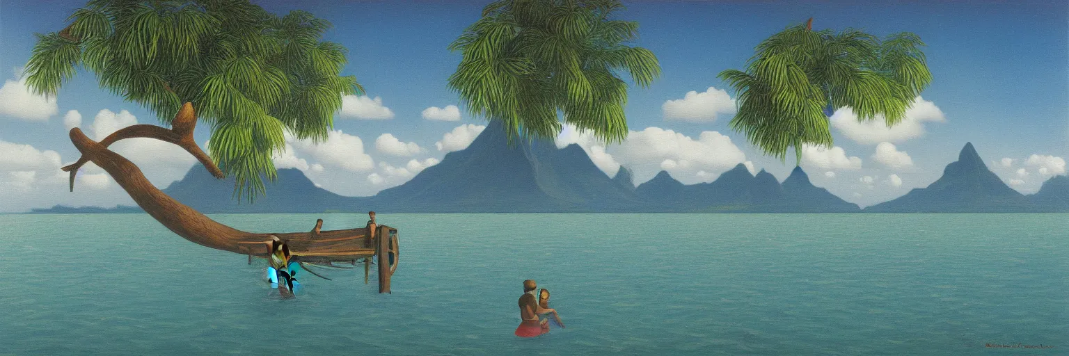 Prompt: tahiti oil painting magritte