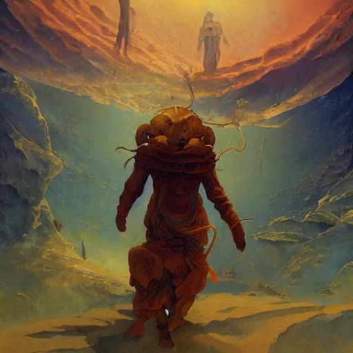 Image similar to A fresco painting of a nomadic wanderer traversing a corrupted futuristic crystal desert by Jacek Yurka, Kelly Freas, Filip Hodas, Paul Lehr, Dan Mumford, Max Ernst, Roger Dean, Caspar David Friedrich