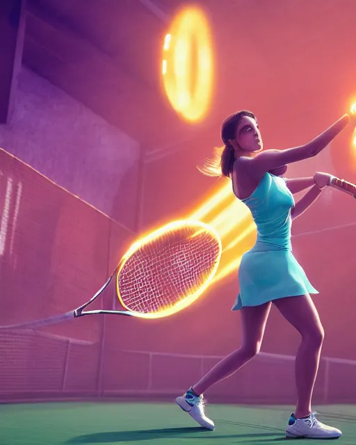 Prompt: female tennis player trying to hit huge tennis balls, Gloomhaven, matte painting concept art, art nouveau, beautifully backlit, swirly vibrant color lines, fantastically gaudy, aesthetic octane render, 8K HD Resolution