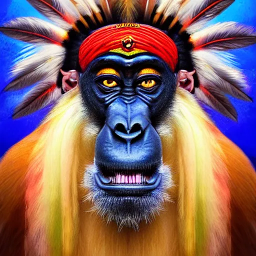 Prompt: Portrait of a mandrill monkey king posing in a colorful, majestic indian chief hat, wearing necklace with teeth, highly detailed face, realistic face, beautiful detailed eyes, fantasy art, in the style of artgerm, illustration, epic, fantasy, intricate, hyper detailed, artstation, concept art, smooth, sharp focus, ray tracing, vibrant, photorealistic