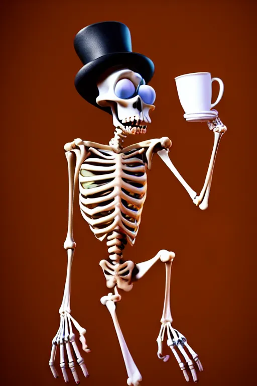 Image similar to a very expressive and funny skeleton character holding a cup of coffee on a horror mansion hall. pixar disney 4 k 3 d render funny animation movie oscar winning trending on artstation and behance. ratatouille style.